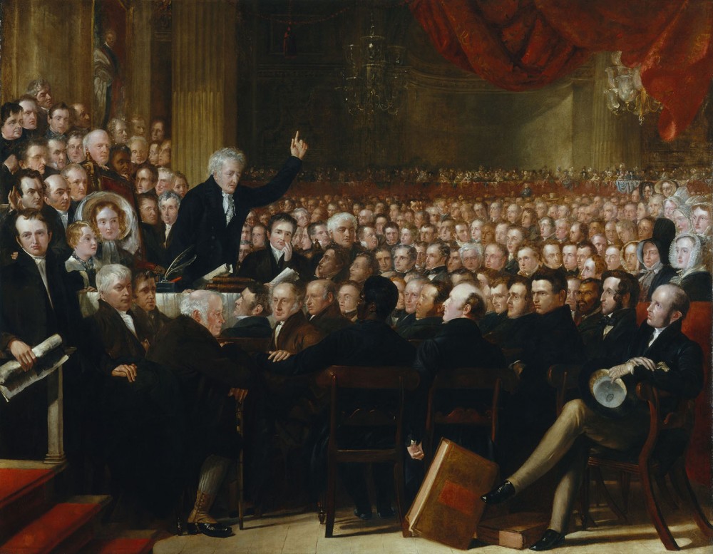 A man addressing a crowd of people at the 1840 Convention of the British and Foreign Anti-Slavery Society.