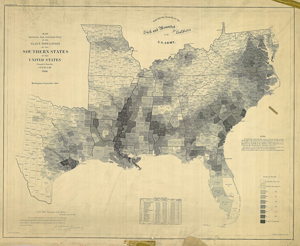 Map showing slave populations in the southern states. The highest concentrations are in western Mississippi and South Carolina.