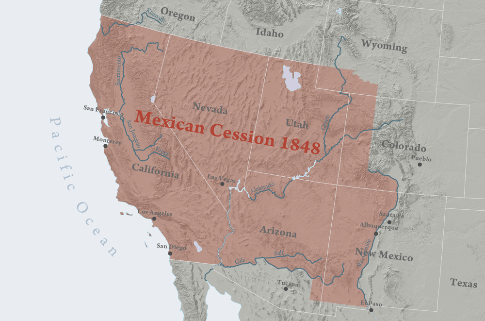 Mexican Cession 1848. The area covers modern-day California, Nevada, Utah, and parts of Wyoming, Colorado, New Mexico, and Arizona.