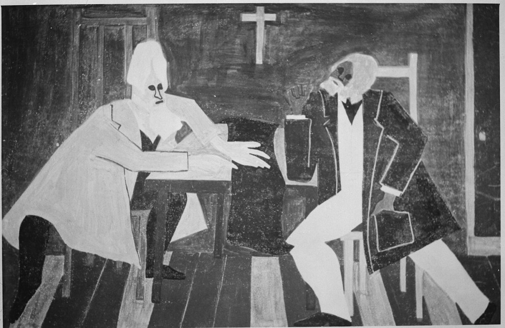 A painting of a white man and a black man talking to each other in a church.