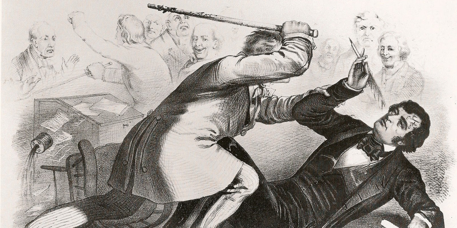 A political cartoon showing one man about to beat another with a cane. The man about to be beaten is holding a quill.