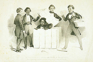 Old lithograph showing Henry "Box" Brown emerging from a shipping box while four people watch with surprised expressions.