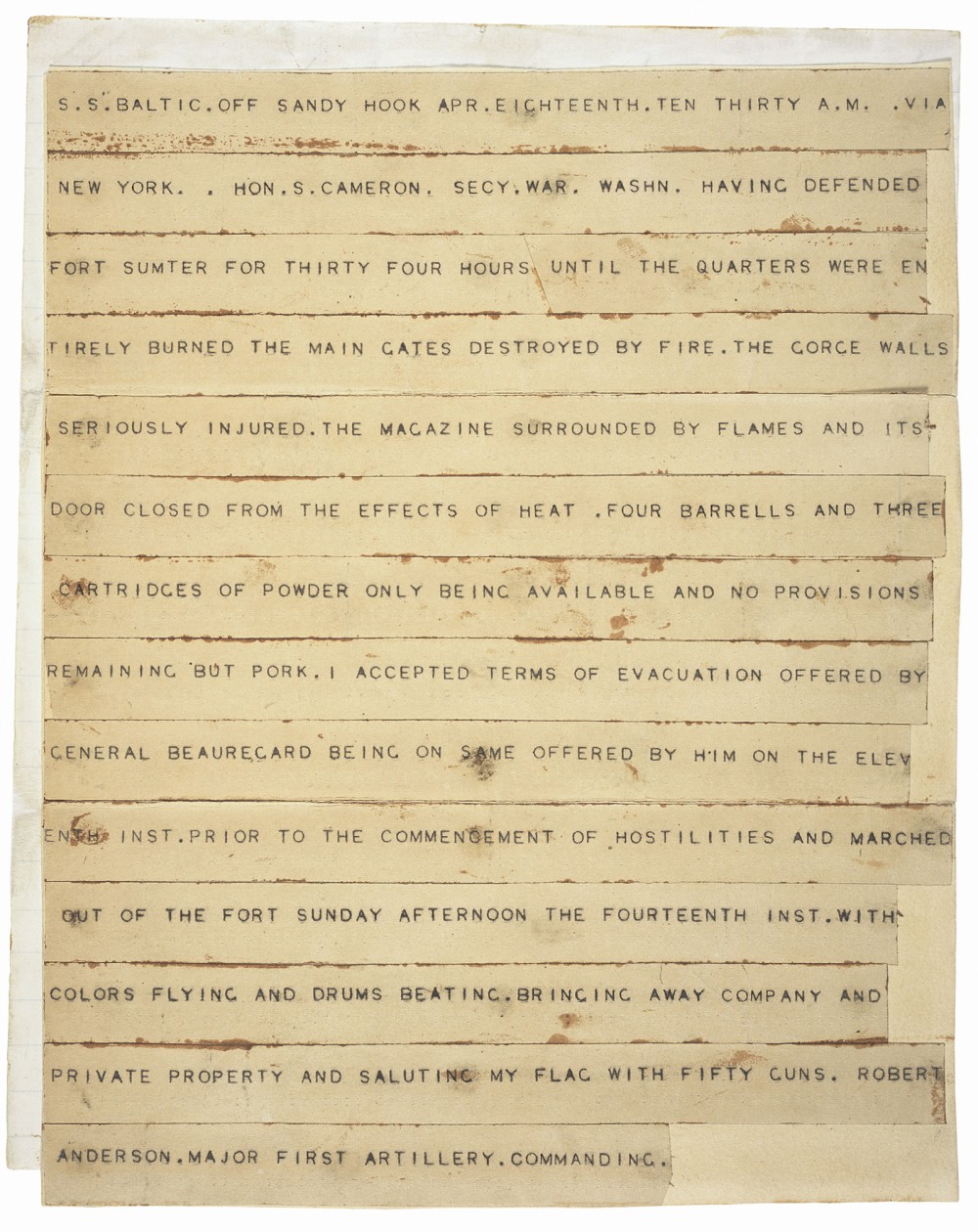 Telegram announcing withdrawal from Fort Sumter