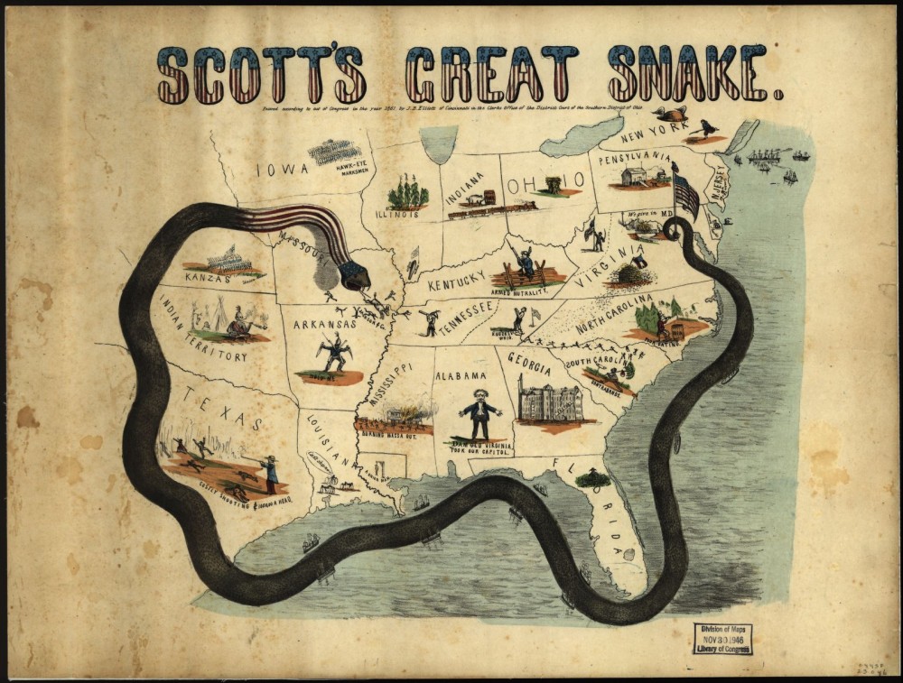 A map of the United States circa 1861. A snake wraps around the southern states.
