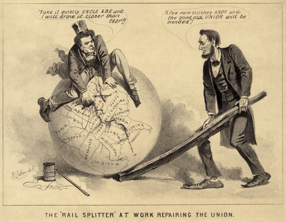 Political cartoon The Rail Splitter At Work Repairing the Union