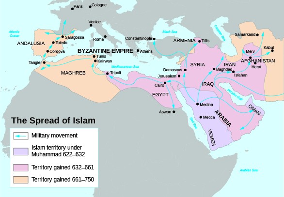 A map shows the spread of Islam, including Islamic territory under Muhammad from 622 to 632, which includes present-day Saudi Arabia and Yemen; territory gained from 632 to 661, which includes much of today’s Middle East; and territory gained from 661 to 750, which includes present-day Spain and Portugal. Arrows show the movements of the conquering military.