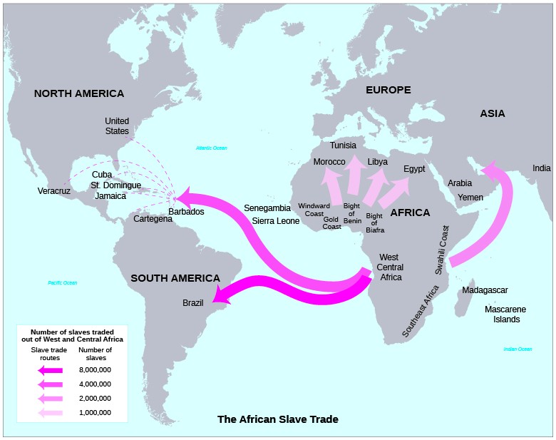 A map shows the routes that were used in the course of the slave trade and the number of enslaved people who traveled each route.