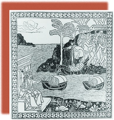 A woodcut shows King Ferdinand of Spain as a crowned, robed ruler seated on a throne, surrounded by land and sea. He points across the Atlantic, where Columbus lands with three large ships. A large group of Indians is shown on the shore.