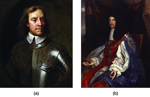Painting (a) is a portrait of Oliver Cromwell. Painting (b) is a portrait of King Charles II.