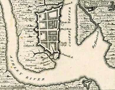 A colonial map shows the port of Charles Towne. Labels indicate the Cooper River, the Ashley River, and other features such as “Smith’s Quay” and “Watch house.”