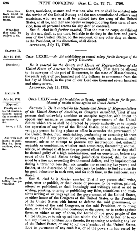 Image of the Sedition Act as printed from the Fifth Congress, 1798.