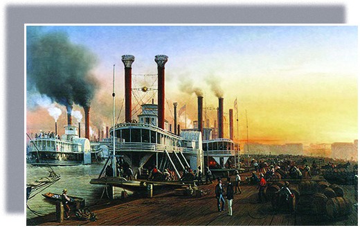 A painting depicts several large steamboats docked at New Orleans. Businessmen chat while slaves and dock workers load and unload large barrels of cargo.