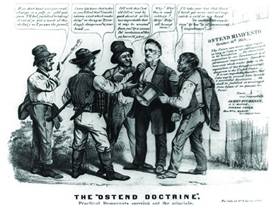 A cartoon entitled The “Ostend Doctrine” shows James Buchanan being robbed by four thugs, all of whom use specific phrases from the Ostend Manifesto as they relieve Buchanan of his belongings. For example, one says, “Come let’s have that ticker [watch] or you’ll find that ‘Considerations exist which render delay’ in doing so ‘Exceedingly dangerous’ to your head.”