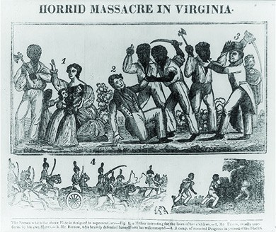 A four-paneled engraving depicts scenes from Nat Turner’s Rebellion. The first shows a well-dressed white woman holding several children, with one hand raised in defense as a hatchet-bearing black man in shabby dress prepares to strike. The second shows a well-dressed white man falling to the ground, holding up a hand in self-defense, as two black men attack him with knives. The third shows a well-dressed white man and a black man engaged in hand-to-hand combat, each wielding a knife. The fourth shows a group of uniformed, mounted white men pursuing several black men, who flee on foot. The text on the bottom reads, “The Scenes which the above plate is designed to represent are Fig 1. a mother intreating for the lives of her children. -2. Mr. Travis, cruelly murdered by his own Slaves. -3. Mr. Barrow, who bravely defended himself until his wife escaped. -4. A comp. of mounted Dragoons in pursuit of the Blacks.”
