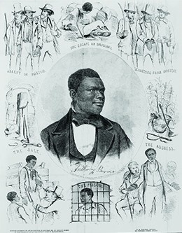 An illustration shows a portrait of Anthony Burns surrounded by scenes from his life, including his escape from Virginia, his arrest in Boston, and his address to the court.
