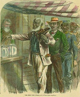 An illustration shows an elderly black man casting his ballot. Behind him is a line of black men, one of whom wears a military uniform, awaiting their turn.