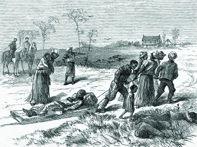 An illustration of the Colfax Massacre shows survivors tending to those involved in the conflict. The dead and wounded all appear to be black, and two white men on horses watch over them. Another man stands with a gun pointed at the survivors.