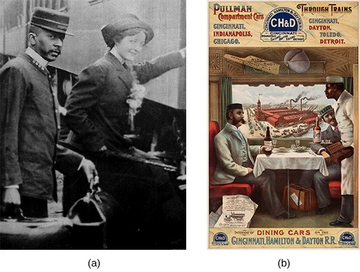 Photograph (a) shows a black porter helping a white woman with her luggage. Illustration (b) shows an advertisement for Pullman cars. Two well-dressed white men sit at a table in a dining car, enjoying food and drink, as a black server attends to them. In the window, an industrial scene focused on a large factory is visible.