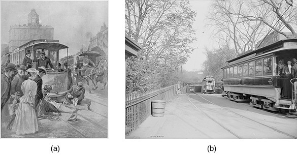 Illustration (a) depicts a trolley accident: A man is sprawled in the tracks before a stopped trolley, with several other men coming to his aid while a crowd looks on. Photograph (b) shows three trolleys emerging from an underground tunnel in Boston.