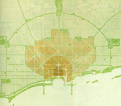 A blueprint shows a plan from the City Beautiful movement in Chicago. The plan lays out the presence of green spaces, which proliferate especially along the lakefront.