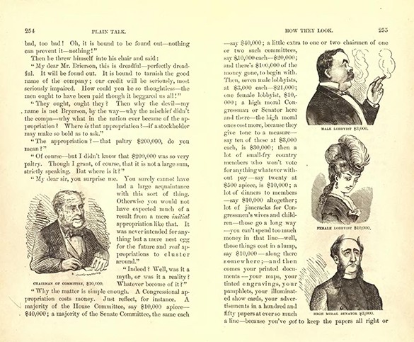 Pages from Mark Twain’s The Gilded Age contain illustrations of a legislative committee chairman and three types of lobbyists. A legislator is labeled “Chairman of Committee $10,000”; a man in a suit, smoking a cigar, is labeled “Male Lobbyist $3,000”; a well-dressed woman is labeled “Female Lobbyist $10,000”; and a grim-looking man in modest dress is labeled “High Moral Senator $3000.”