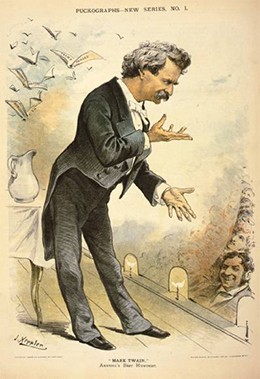 A satirical illustration of Mark Twain addressing an audience is shown.