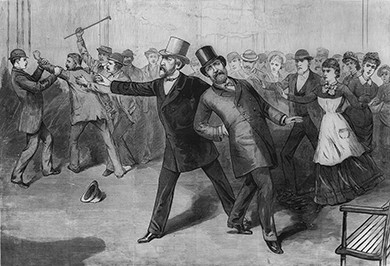 An illustration shows Garfield leaning backward in pain with a crowd assisting him, while Guiteau struggles with several men in the background.
