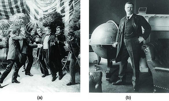 Drawing (a) depicts William McKinley's assassination. Photograph (b) is a portrait of Theodore Roosevelt.