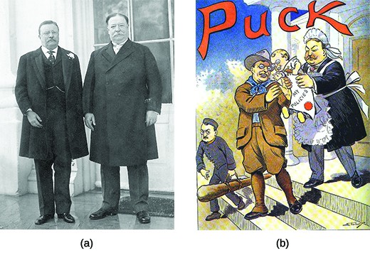 Photograph (a) shows Theodore Roosevelt standing beside William Howard Taft. Cartoon (b) shows "cowboy" Roosevelt handing off a baby—labeled "My Policies"—to Taft, who is dressed as a nursemaid.