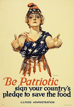 A poster shows a drawing of a young white woman with her arms outstretched toward the viewer. She wears an American flag wrapped around her body and a matching cap. The text reads “Be patriotic. Sign your country’s pledge to save the food. U.S. Food Administration.”
