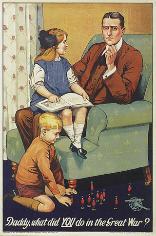First World War recruiting poster, playing on the guilt of those who did not volunteer, by showing a little girl sitting on her daddy's lap and a boy playing with military figurines on the ground.