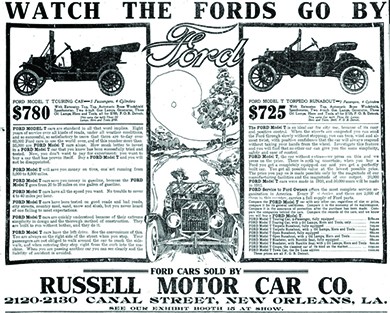 An advertisement entitled “Watch the Fords Go By” features drawings of two Ford automobiles. The prices are listed at $780 and $725, along with details about each model. In the center of the advertisement, an illustration shows a couple driving along an idyllic country road. At the bottom is the text “Ford Cars Sold by Russell Motor Car Co. 2120-2130 Canal Street, New Orleans, LA. See Our Exhibit Booth at Show.”