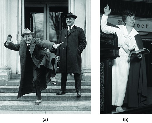 Photograph (a) shows Billy Sunday leaving the White House with another man beside him; he strikes a comical pose, lifting one leg and spreading his arms wide for the camera. Photograph (b) shows Aimee Semple McPherson preaching and gesturing with one arm.