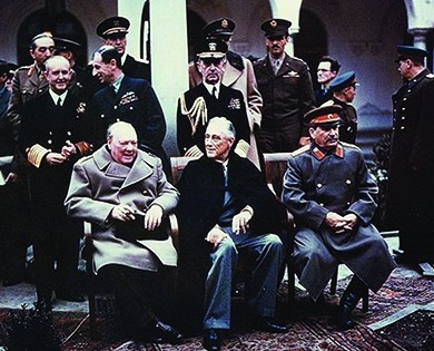A photograph shows Winston Churchill, Franklin Roosevelt, and Joseph Stalin seated together at Yalta, surrounded by officials and military.