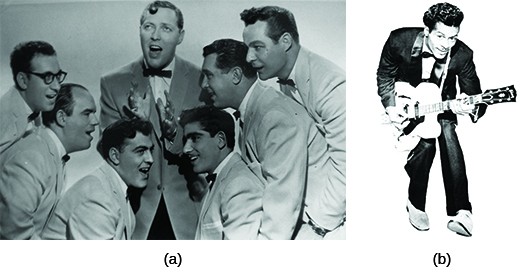 Photograph (a) shows seven young men singing in jackets and bow ties. Three men pose on each side of a central singer, who gestures with his hands as he performs. Photograph (b) shows Chuck Berry in a tuxedo playing the guitar.