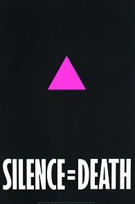 A graphic features a pink triangle on a black background. At the bottom are the words “SILENCE = DEATH.”