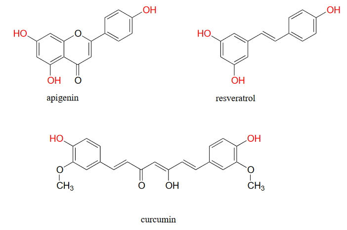 Bond line drawings of apigenin, resveratrol, and curcumin. 