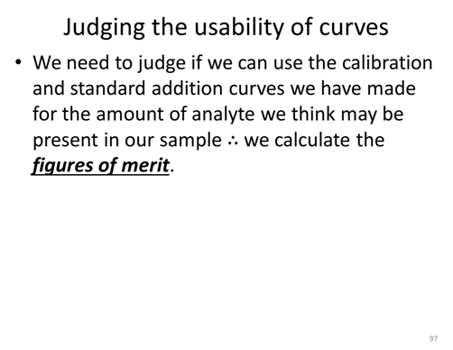 Judging the usability of curves. We need to judge if we can use the calibration and standard addition curves we have made for the amount of analyte we think may be present in our sample, therefore we calculate the figures of merit. 