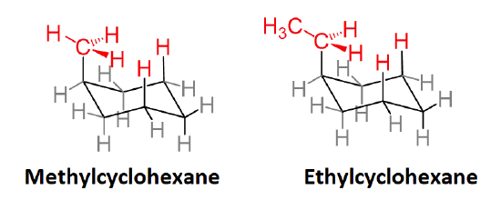 Chair conformations of methylcyclohexane and ethylcyclohexane. 