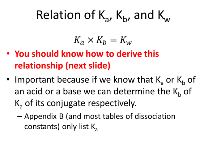 Relation of K_a, K_b, and K_w:  K_a × K_b = K_w. You should know how to derive this relationship (next slide). Important because if we know that K_a or K_b of an acid or a base we can determine the K_b of K_a of its conjugate respectively. Appendix B (and most tables of dissociation constants) only list K_a.