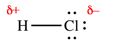 Lewis structure of HCl showing partial charges