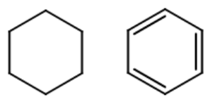 Left: A hexagon with all single lines. Right: A hexagon in which every other line is a double line (=)