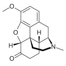 Chemical structure of hydrocodone (C18H21NO3)