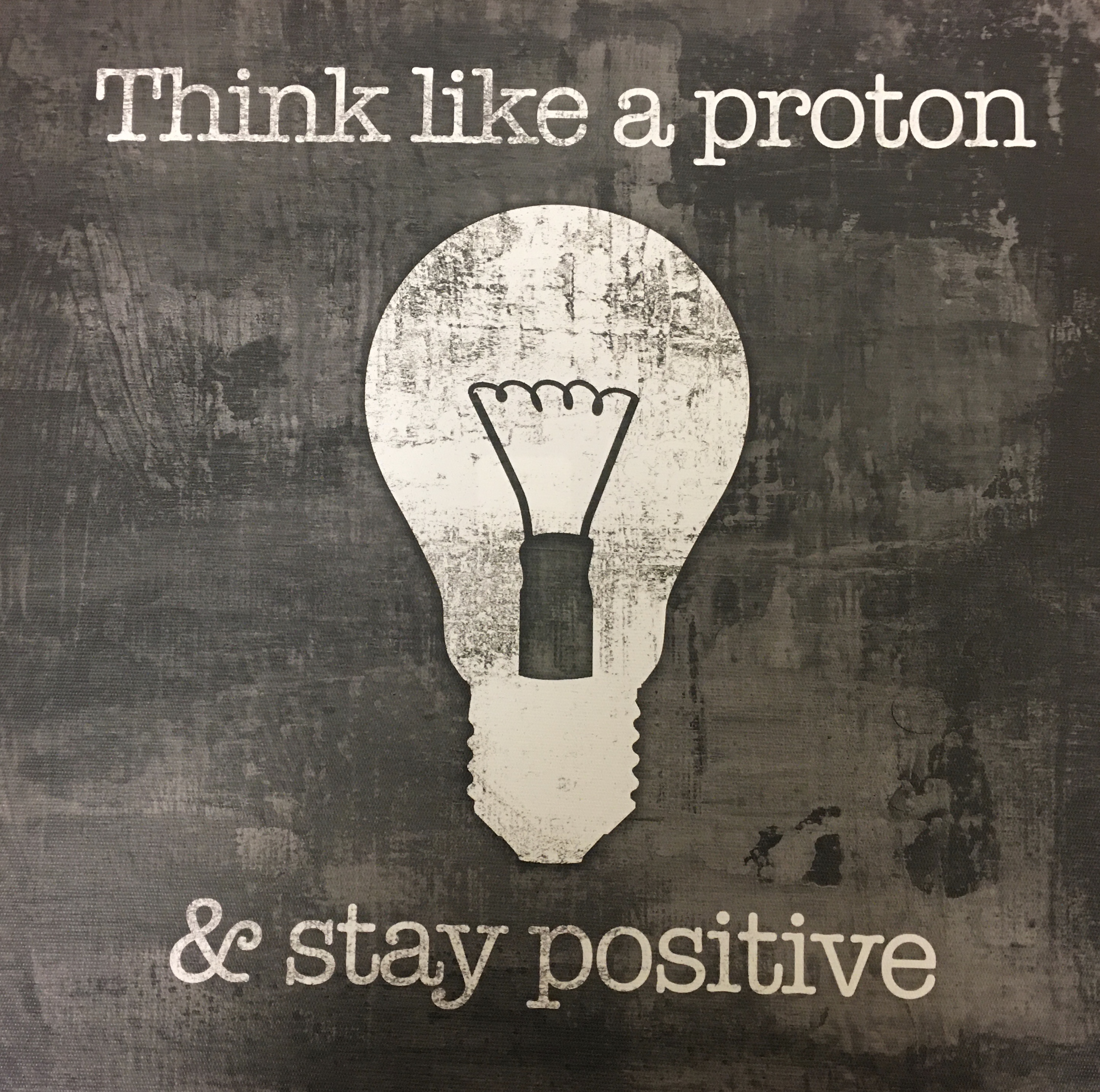 Graphic of a lightbulb that says "think like a proton and stay positive."