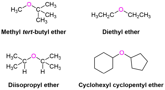 Bond line drawings of methyl tert-butyl ether, diethyl ether, diisopropyl ether, and cyclohexyl cyclopentyl ether.