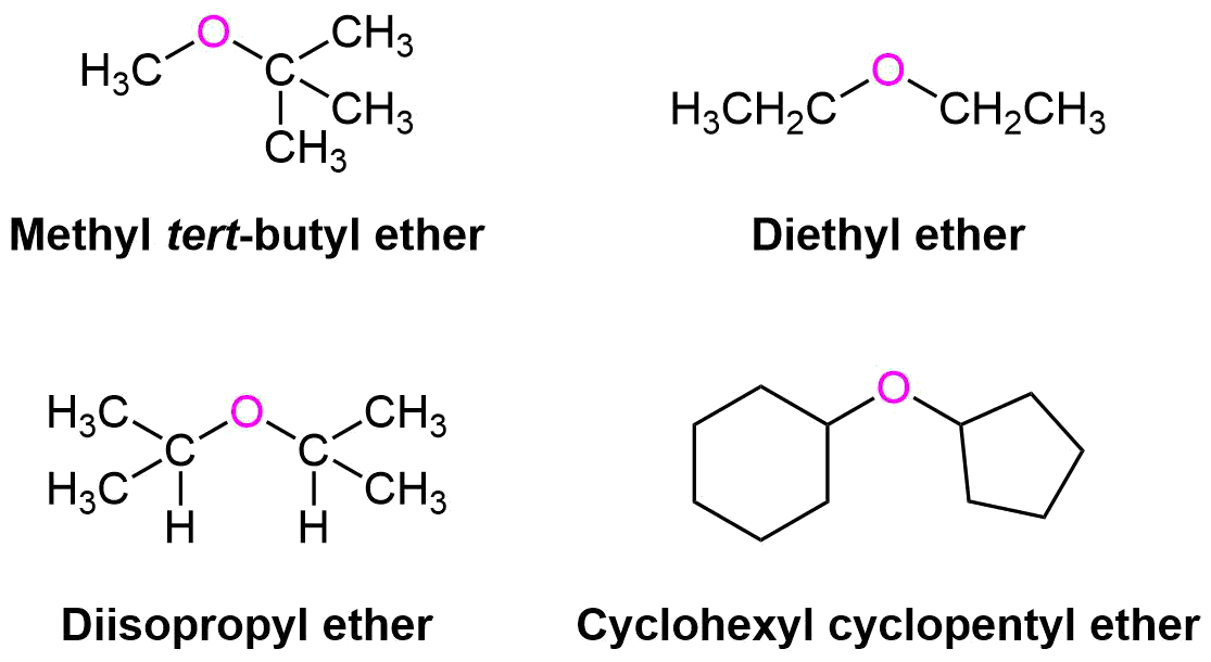 Chemical structures of methyl tert-butyl ether, diethyl ether, diisopropyl ether, and cyclohexyl cyclopentyl ether.