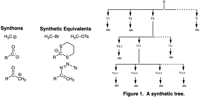 In the left column there are structures of synthons and in the right column are their synthetic equivalents. To the right of the columns is an image of a synthetic tree (Figure 1).