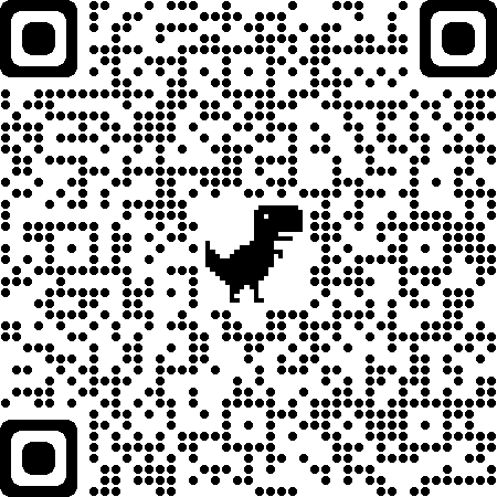 کد QR با یک آیکون دایناسور کوچک در مرکز، احاطه شده توسط یک الگوی نقاط سیاه و سفید.