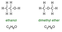Estructuras de etanol y éter dimetílico; El etanol tiene un grupo OH al final de la cadena de carbono, el éter dimetílico es una molécula simétrica con oxígeno en el medio