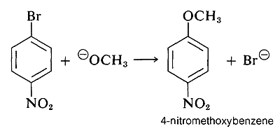 p-bromonitrobenzene reacts with CH3O- to form p-nitromethoxybenzene (4-nitromethoxybenzene)